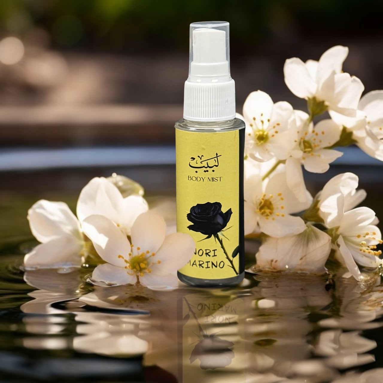 Labaib body mist spray bottle with floral design.